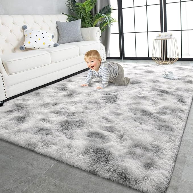 TWINNIS Super Soft Shaggy Rugs Fluffy Carpets 9x12 Feet, Indoor Modern Plush Area Rugs for Living Room Bedroom Kids Room Nursery Home Decor, Upgrade Anti-Skid Fuzzy Rug, Grey and White