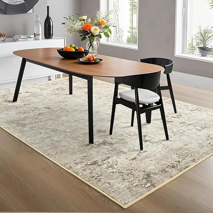 Toneed Abstract Area Rug 5x8 Modern Washable Rug Soft Non Slip Rug Low Pile for Bedroom Living Room Dining Room Beige
