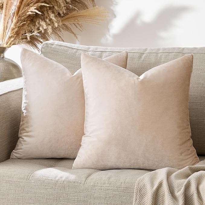 GIGIZAZA 24x24 Beige Pillow Covers: Pack of 2 Champagne Vintage Throw Pillows Super Soft Velvet Covers - Decorative Elegant Square Big Solid Cushion Covers Used for Couch,Living Room,Bedroom