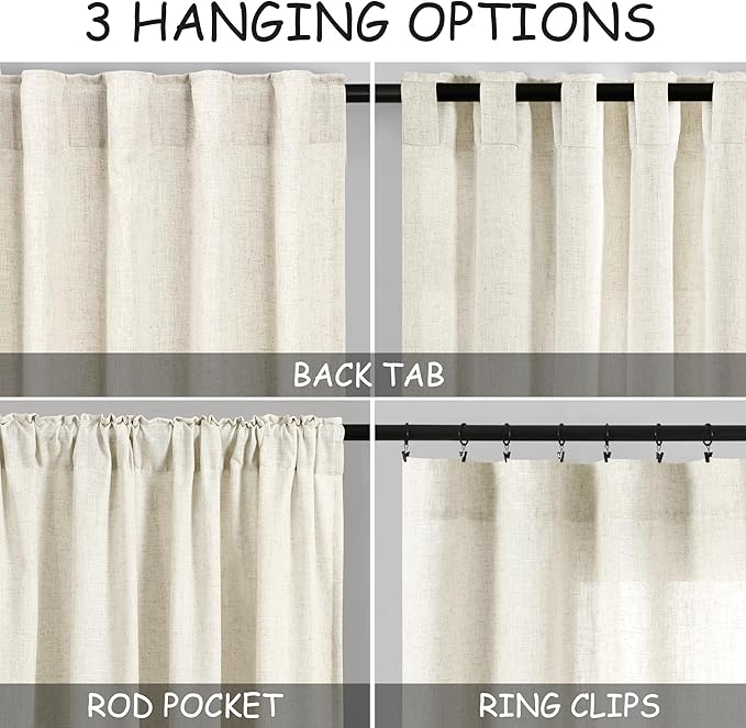 Warm Beige Linen Curtains 90 Inch Long 2 Panels Set for Bedroom Living Room Linen Textured Window Drapes Semi Sheer Light Filtering Rod Pocket Back Tab Cotton Textured Farmhouse Curtain 52x90