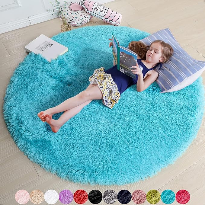 Amdrebio Blue Round Rug 5Ft for Bedroom, Fluffy Circle Area Rugs for Kids Room Baby Nursery Playroom, Living Room Decor Aesthetic, Plush Shaggy Fuzzy Turquoise Carpet for Apartment Preppy Classroom