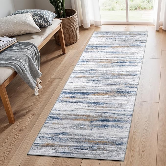 2x5 Washable Runner Rug for Family: Easy-to-Clean Runners for Hallway Entryway Bedroom - Stain and Water Resistant Rugs with Non-Slip Backing - Soft Low-Pile Carpet Navy Grey