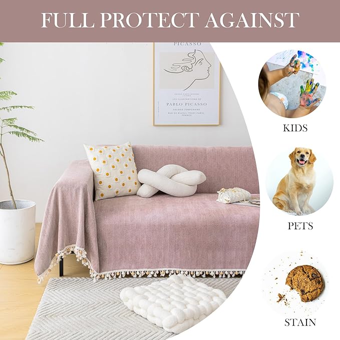 HANDONTIME Soild Couch Covers for Dogs Pink-Purple Sofa Covers Boho Cover for Sofa 3 Seats Chenille Sofa Throw Cover Mauve Sofa Covers for 3 Cushion Couch Tassel, Washable, Pet Friendly, 91" X134"