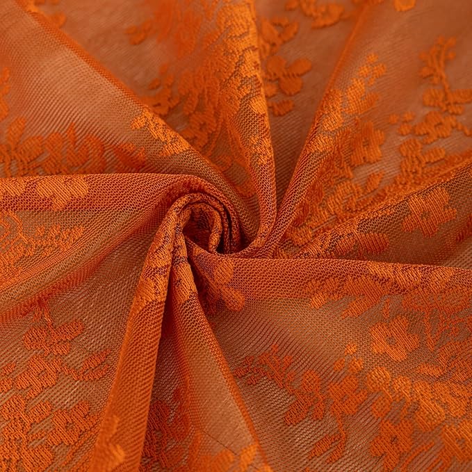YJ YANJUN Vintage Lace Curtains 63 Inch Length Burnt Orange Sheer Curtains for Living Room Bedroom 2 Panels Rod Pocket Farmhouse Terracotta Drapes for Kitchen Nursery Halloween Fall Decor 52x63 Inch