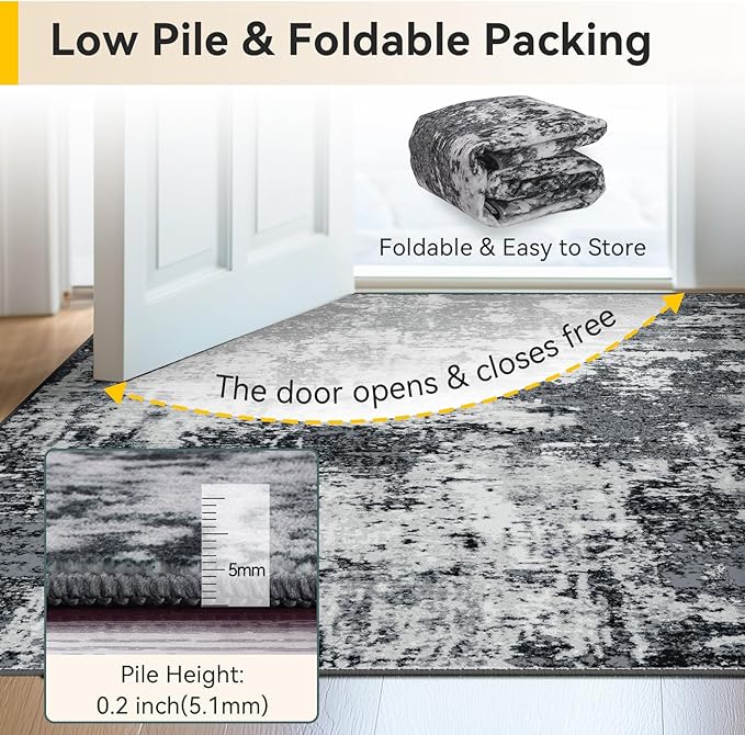 Washable Area Rugs 3x7 Non-Slip Modern Abstract Soft for Living Room Entryway Bedroom Nursery, Print Pattern, Black Navy Blue Gray