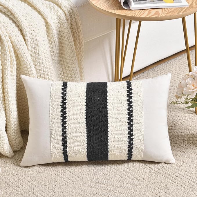Fancy Homi Set of 1 Boho Black Lumbar Decorative Throw Pillow Cover 12x20 Inch for Couch Bed Sofa Chair, Modern Organic Farmhouse Home Decor, Soft Cotton Cute Accent Rectangle Cushion Case