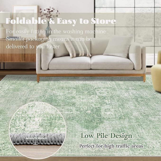 Area Rug 8x10 Washable Rug, Vintage Boho Medallion Rugs Non-Slip Soft Low Pile Large Distressed Rug Indoor Retro Carpet for Living Room Bedroom Dining Room Home Office (SageGreen, 8'x10')