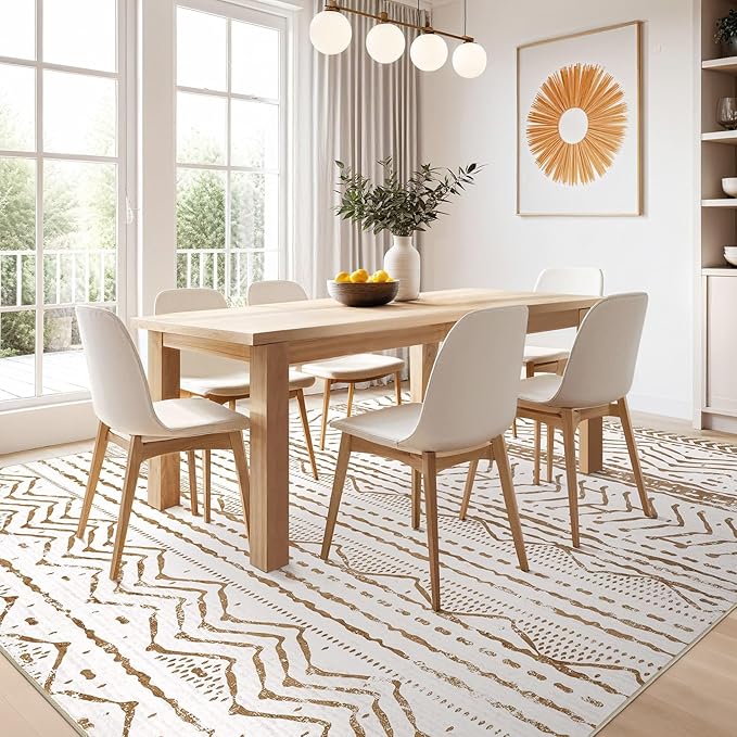 Nakagishi Area Rugs 8x10 Living Room: Washable Boho Large Neutral Soft Farmhouse Rug Stain Resistant Modern Geometric Indoor Floor Carpet for Bedroom Nursery Playroom Office Dining Room- Brown White