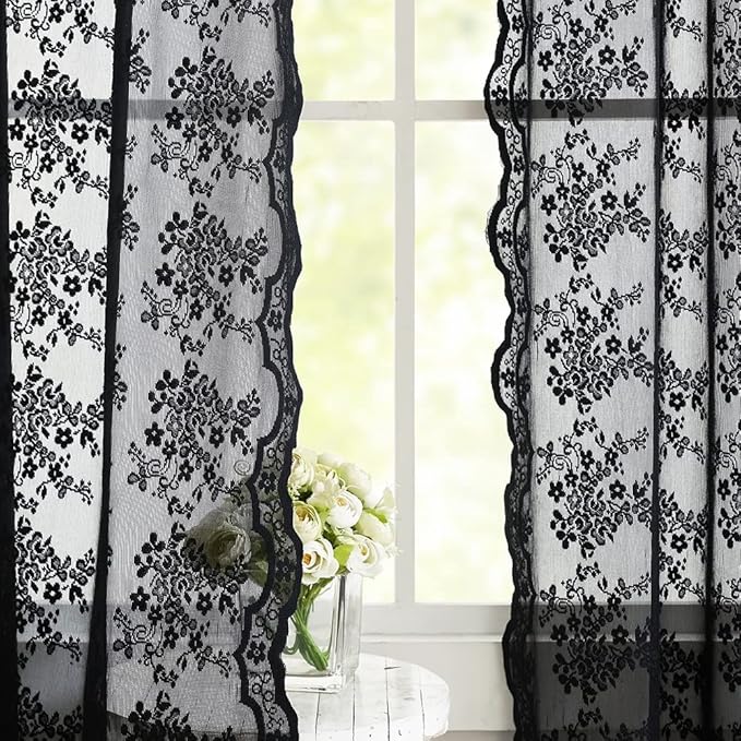 YJ YANJUN Vintage Lace Curtains 63 Inch Length-Victorian Floral Pattern Black Sheer Curtain Panels for Living Room Bedroom,Light Filtering, Gothic Witchy Halloween Drapes 2 Panels 52W x 63L