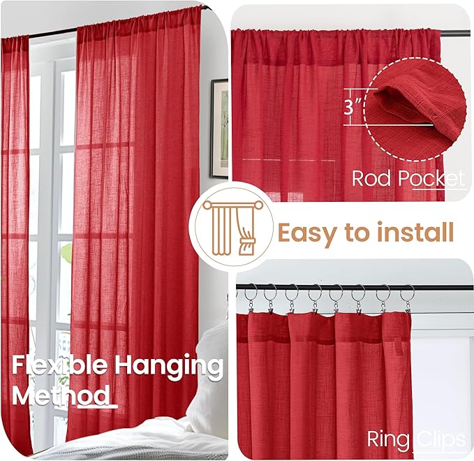 BGment Red Linen Curtains for Living Room 84 Inch Length - Semi Sheer Window Drapes Textured with Rod Pocket for Bedroom Decor Lightweight Light Filtering, 2 Panels Set, Each Panel 52 Inch Wide