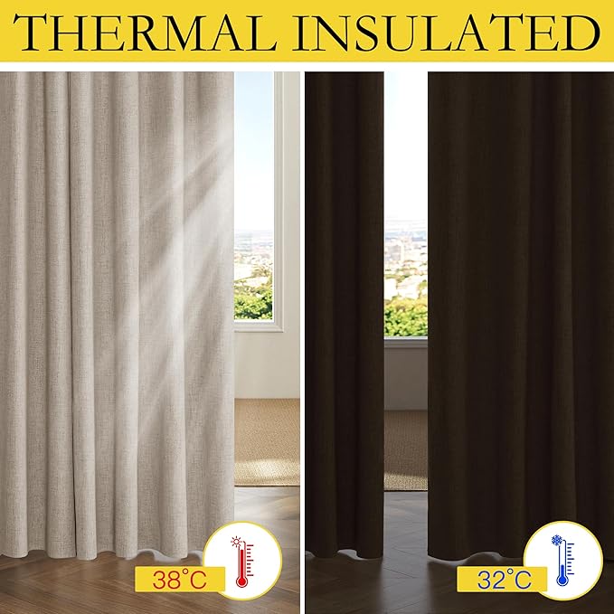 NICETOWN Oatmeal Vintage Open Linen Weave Flax Thermal Curtains, 100% Blackout Curtains 108" Long for Dining Room, Soundproof Window Treatment Drapes for Home Office, 62" Wide Per Panel, Set of 2