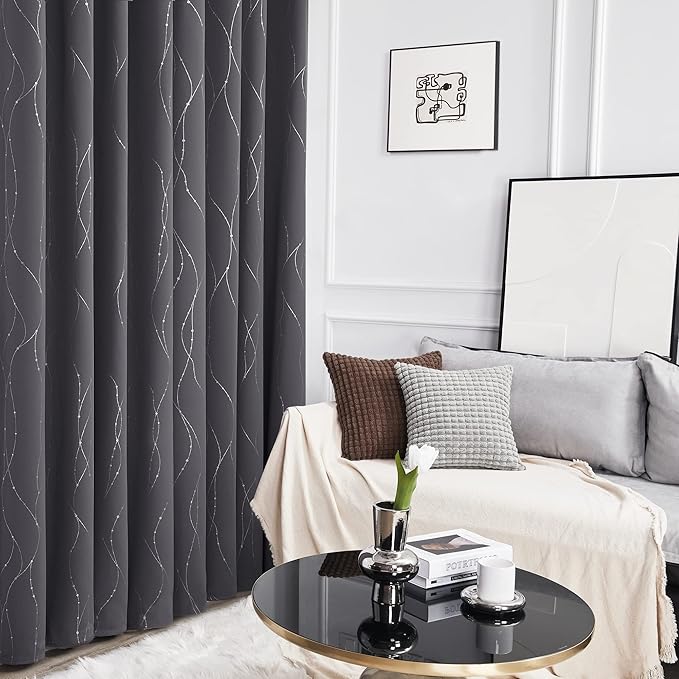 Deconovo Short Curtains Grey, Blackout Kitchen Curtain, Thermal Insulated Soundproof Drapes, Wave Dots Foil Print, 38 x 45 Inches, 2 Panels, Machine‑Washable Privacy Window Panel for Nursery Office