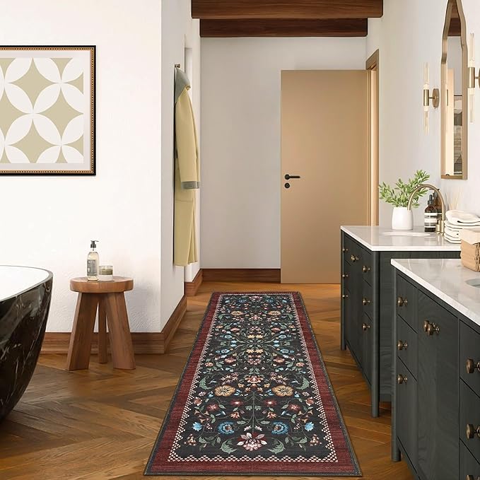 GarveeHome Floral Rug 2.5x10 Runners for Hallways, Boho Kitchen Runner Rugs Non Slip Bath Runners, Vintage Washable Runner Rug for Bedroom, Soft Long Rugs for Entryway Bathroom Laundry Dorm, Red