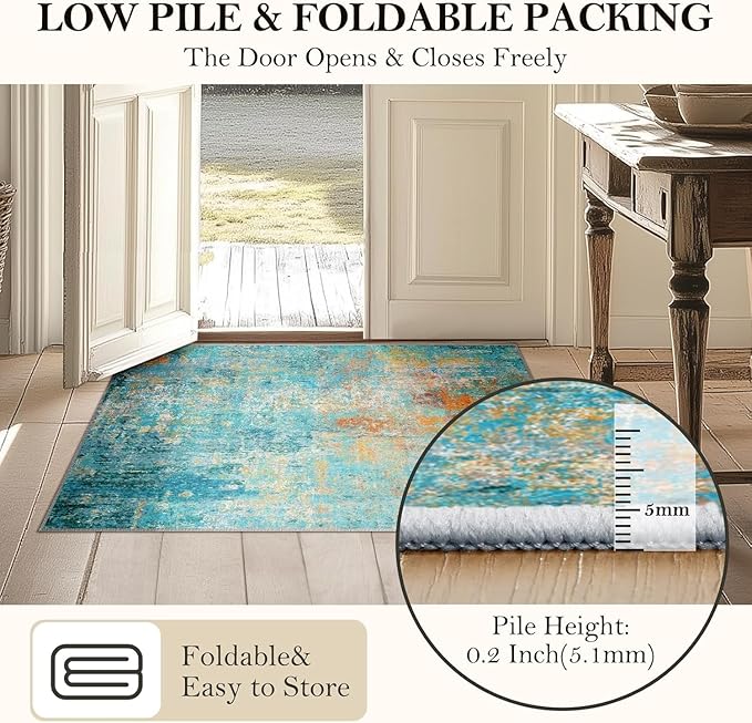 Washable Area Rugs 2'x3' Non-Slip Modern Abstract Soft for Living Room Entryway Bedroom Nursery, Print Pattern, Teal Blue Green Orange Rust Red Coloreful