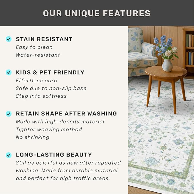 Cream Green and Blue 2x4 Boho Bathroom Rug - Oushak Floral Pastel, Washable Low Pile Non Slip with Rubber Backing Stain Resistant Entryway Rugs Indoor, Small Carpet for Kitchen, Bedroom, Laundry Room