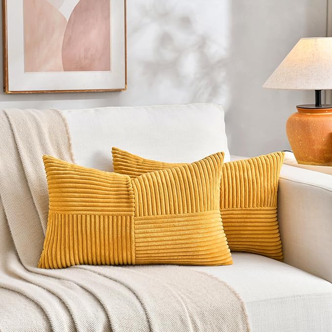 Fancy Homi 2 Packs Gold Yellow Lumbar Decorative Throw Pillow Covers 12x24 Inch for Couch Bed Sofa, Rustic Farmhouse Boho Spring Home Decor, Soft Striped Corduroy Rectangle Accent Cushion Case 30x60cm