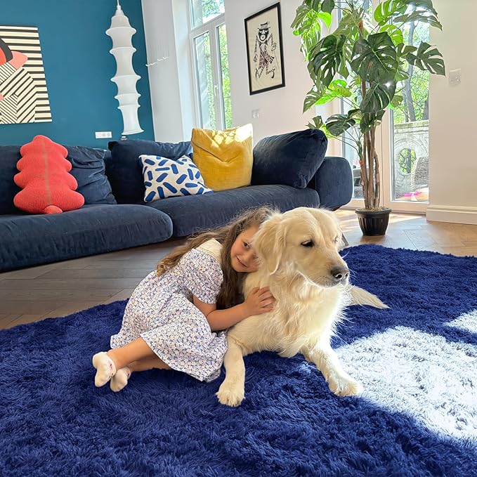 OLANLY 4x4 Machine Washable Accent Rug, Soft Fluffy Shaggy Area Rug for Bedroom, Living Room, Indoor Floor Carpet for Kids, Nursery, Home Decor, Navy Blue