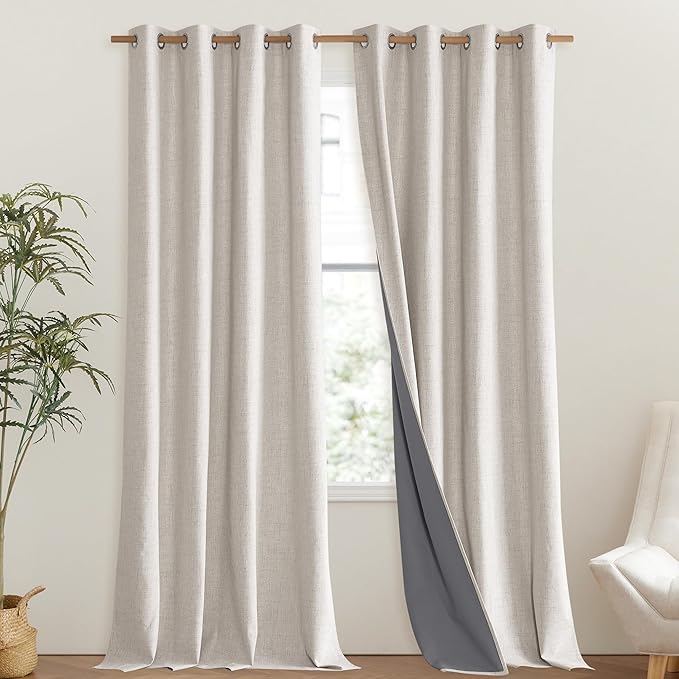 NICETOWN Brich Vintage Open Linen Weave Flax Thermal Curtains, 100% Blackout Curtains 108" Long for Dining Room, Soundproof Window Treatment Drapes for Hall Room, 52" Wide Per Panel, Set of 2