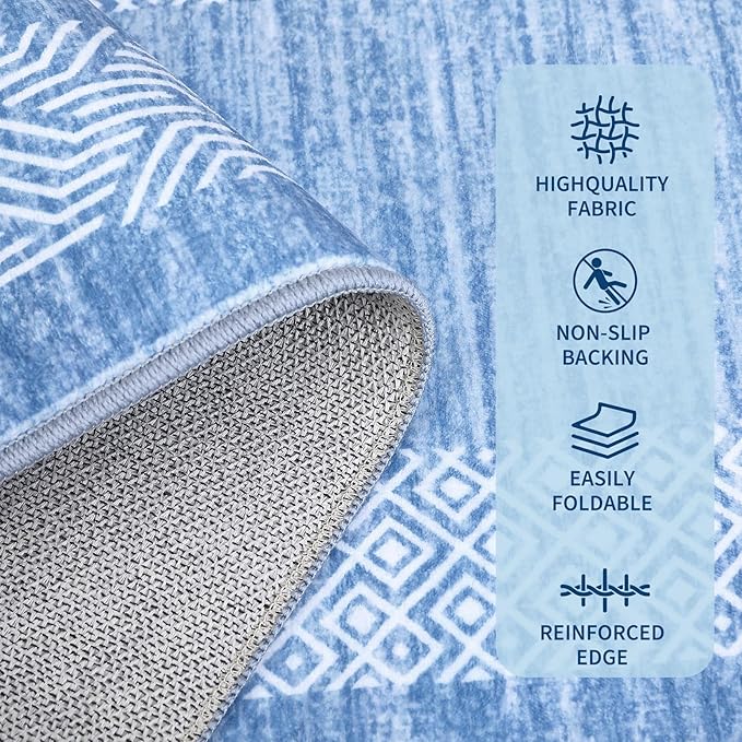 GarveeHome Small Bedroom Area Rug 3x5 Bordered Area Rug for Living Room Nursery Non Slip Kitchen Throw Carpet Low Pile Modern Rugs Washable Bathroom Mat Soft Rugs for Laundry, Light Blue