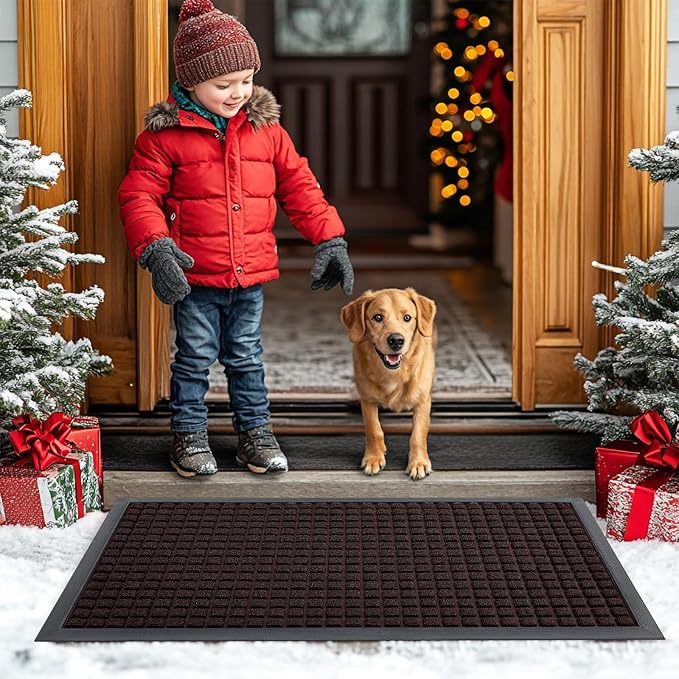 Smiry Front Door Mat Outside Entrance, Heavy Duty Natural Rubber Doormat, Non Slip, Trap Dirt and Moisture, Easy Clean, Low Profile Welcome Floor Mats for Indoor Outdoor Entry, 59x34 Inch, Brown