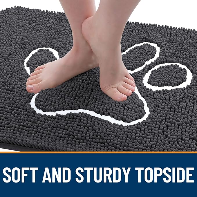 OLANLY Dog Door Mat for Muddy Paws 59x20, Paw Print Design, Absorbs Moisture and Dirt, Absorbent Non-Slip Washable Doormat, Quick Dry Chenille Mud Mat for Dogs, Entry Indoor Entryway Carpet, Dark Grey