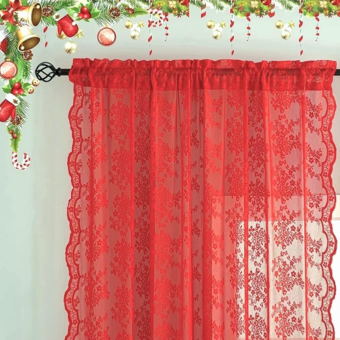YJ YANJUN Vintage Lace Curtains 90 Inches Long 2 Panels - Retro Floral Red Christmas Sheer Curtains for Living Room Bedroom Rod Pocket Wedding Party Xmas Christmas Holiday Decor 52" W x 90" L