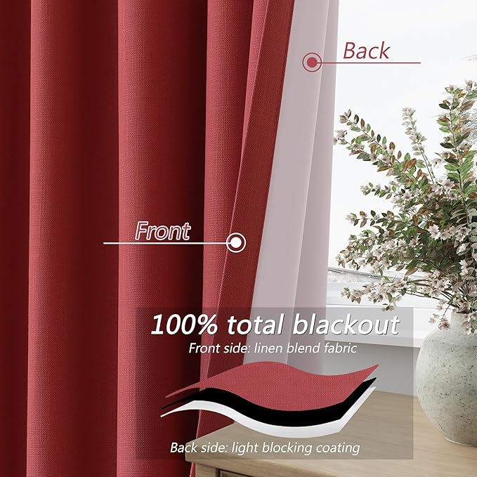 Guken Red 100% Blackout Linen Curtains 72 Inch Length 2 Panels Set for Living Room Bedroom Back Tab/Rod Pocket Thermal Insulated Black Out Drapes Room Darkening Window Curtains 72 Inches Long