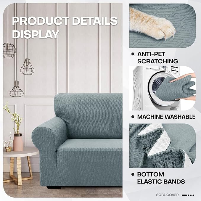 ZNSAYOTX 1 Piece Jacquard Couch Covers for 3 Cushion Couch Living Room High Stretch Sofa Cover Pets Dogs Friendly Anti Slip Thickened Slipcovers Furniture Protector (Large, New Pattern Light Grey)