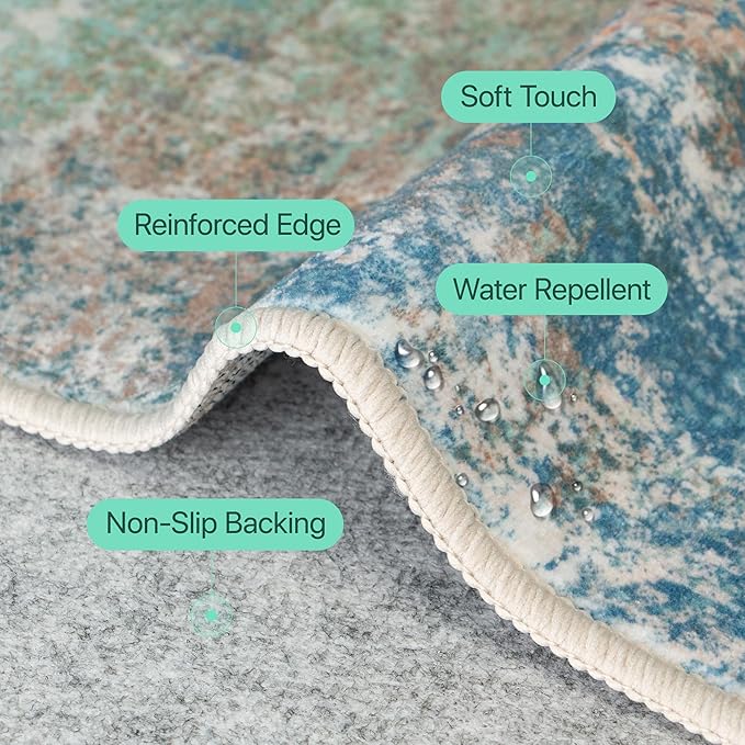 Area Rugs 5x7 for Living Room Bedroom, Modern Abstract Machine Washable Rug, Large Soft Low Pile Floor Carpet with Non Slip Backing for Dining Room, Blue Green