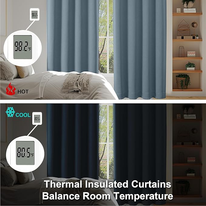 Simplebrand Ava Blackout Curtains for Patio 108 Inches Long 2 Panels Set, Solid Thermal Insulated Room Darkening Rod Pocket Window Treatment Curtains Blackout Drapes, W50 x L108 Inch, Stone Blue