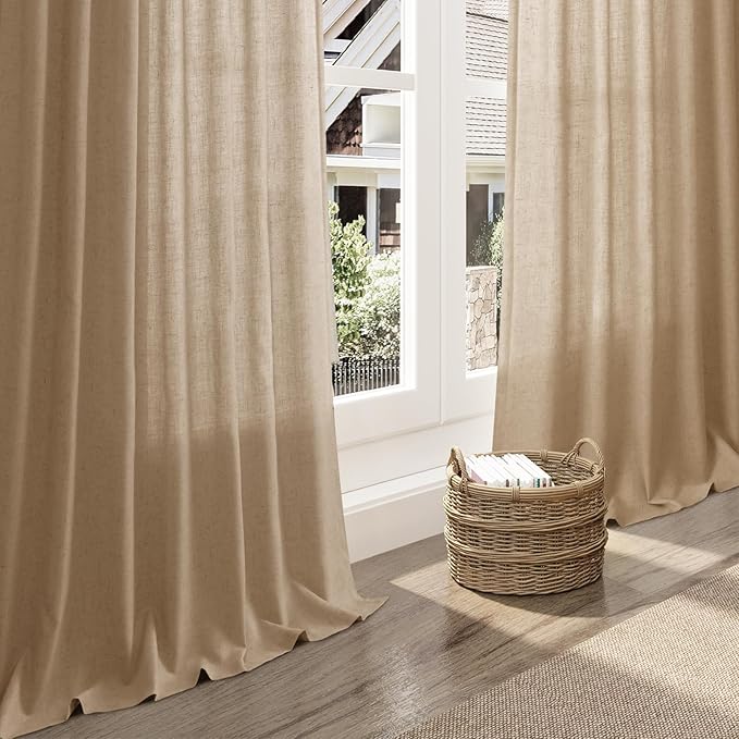 Sand Beige Linen Curtains for Living Room 98 Inches Long Simple Modern Light Filtering Semi Sheer Curtain Back Tab Rustic Farmhouse Luxury Home Decor Drapes for Bedroom Dinner Room 52x98, 2 Panels