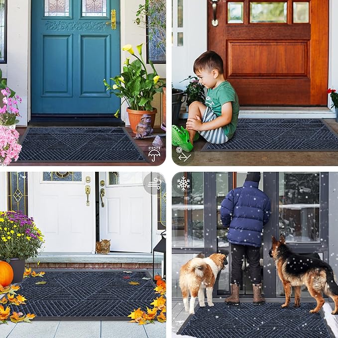 Smiry Front Door Mat Outside Entrance, Heavy Duty Sturdy Natural Rubber Doormat, Trap Dirt and Moisture, Easy Clean Low Profile Mats for Indoor Outdoor Entry, Irregular Triangle (29.5x17, Navy Blue)
