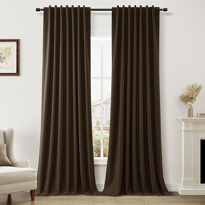 Guken 100% Blackout Curtains 108 Inch Length 2 Panels Set for Living Room Bedroom Back Tab Thermal Insulated Black Out Linen Drapes Room Darkening Chocolate,52x108
