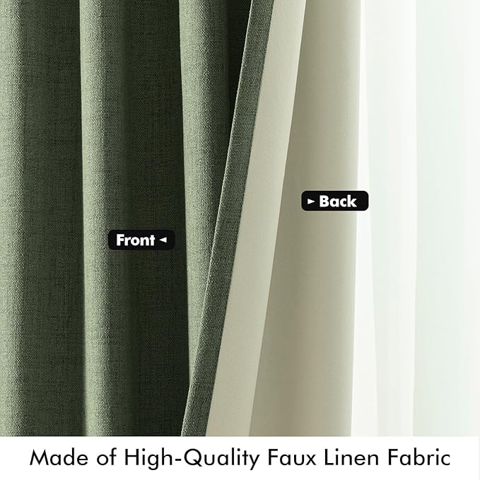 MIULEE 100% Blackout Linen Curtains for Bedroom, Olive Green Solid Luxury Decor Thermal Insulation Room Darkening Drapes for Living Room Nursery Back Tab Rod Pocket 42 x 90 Inches, 2 Panels