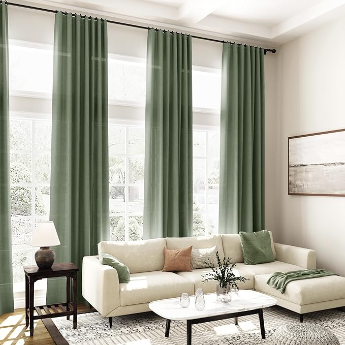 142 Inch Extra Long Curtain for Floor to Ceiling High Window Olive Green Linen Back Tab Curtains for Living Room Filtered and Breathable Semi Sheer Drapes Modern Farmhouse Boho Decor 52x142,2PCS