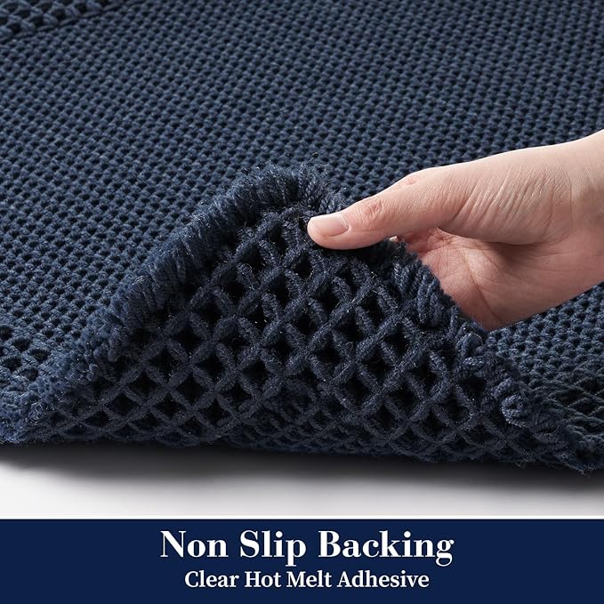 RESARE Waffle Bathroom Runner Rugs, Super Absorbent Bath Mat Non Slip Washable Quick Dry, Upgraded Ultra Soft Boho Bath Rugs with Tassels for Hallway Bedroom Laundry Room, 2'x4'(24"x48"), Navy