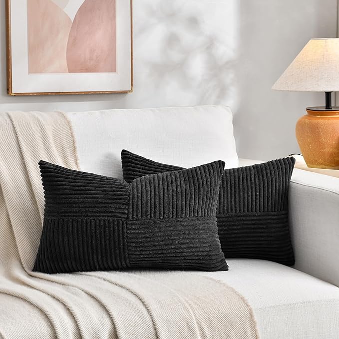 Fancy Homi 2 Packs Black Lumbar Decorative Throw Pillow Covers 16x32 Inch for Living Room Couch Bed Sofa, Rustic Farmhouse Boho Home Decor, Soft Striped Corduroy Rectangle Accent Cushion Case 40x80 cm