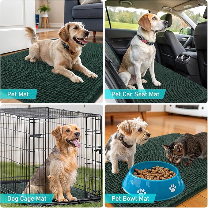 OLANLY Dog Door Mat for Muddy Paws 35x24, Absorbs Moisture and Dirt, Absorbent Non-Slip Washable Doormat, Quick Dry Chenille Mud Mat, Entry Indoor Entryway Carpet for Inside Floor, Blackish Green