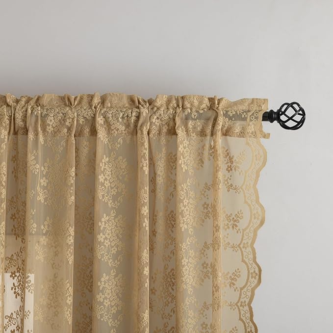 YJ YANJUN Vintage Lace Curtains 63 Inch Length 2 Panels Earthy Neutral Taupe Sheer Curtains with Scalloped Edges Rod Pocket Short Floral Crochet Panles for Bedroom Dining Room W52 X L63 Light Coffee