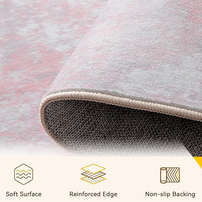 Washable Area Rugs 2'x8' Non-Slip Modern Abstract Soft for Living Room Entryway Bedroom Nursery, Print Pattern, Grey Pink