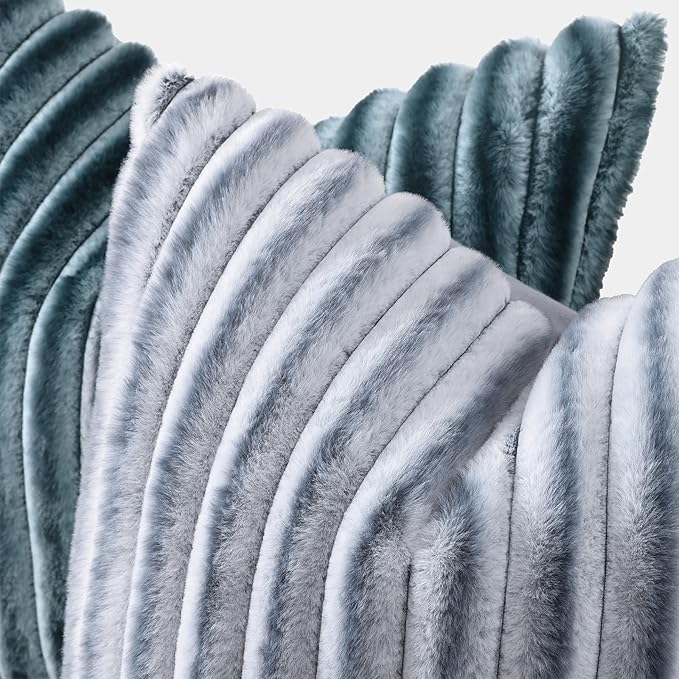 decorUhome Cozy Faux Fur Throw Pillow Covers 16x16 Set of 2 Decorative Soft Plush Striped Modern Farmhouse Boho Couch Pillow Cases with Velvet Back for Sofa Bed Living Room, Blue Grey