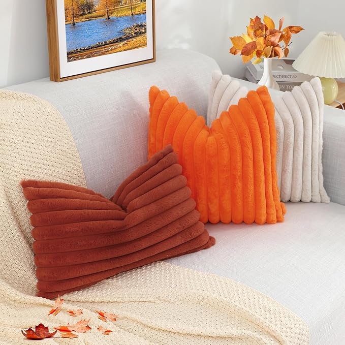 decorUhome Cozy Faux Fur Throw Pillow Covers 26x26 Set of 2 Decorative Soft Plush Striped Modern Farmhouse Boho Couch Euro Sham Pillow Cases with Velvet Back for Sofa Bed Living Room, Rust