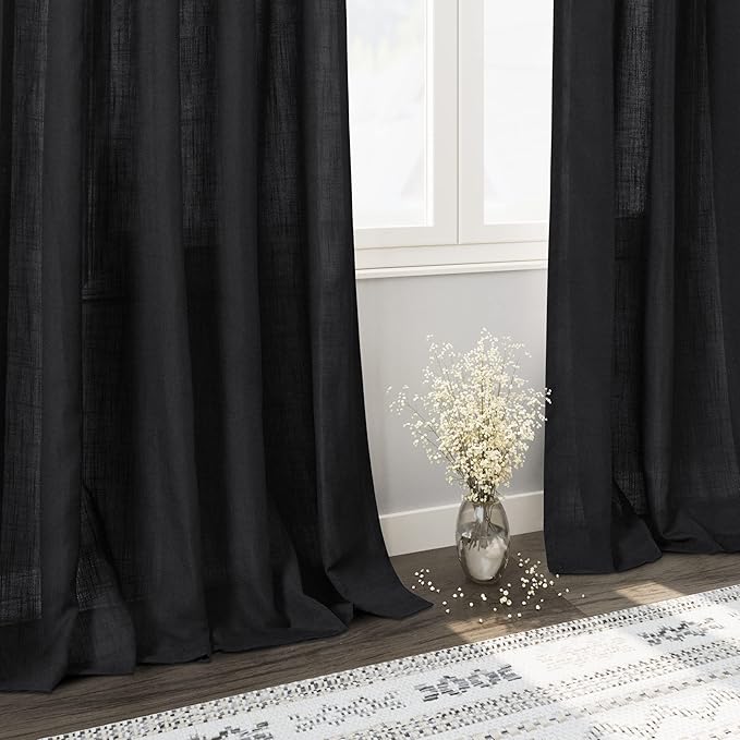 Nanspring Black Short Linen Textured Curtains 40 Inches Long 2 Panels Set for Bedroom Small Window Curtain Back Tab Rod Pocket Semi Sheer Light Filtering Drapes for Kitchen Cafe Living Room W52xL40