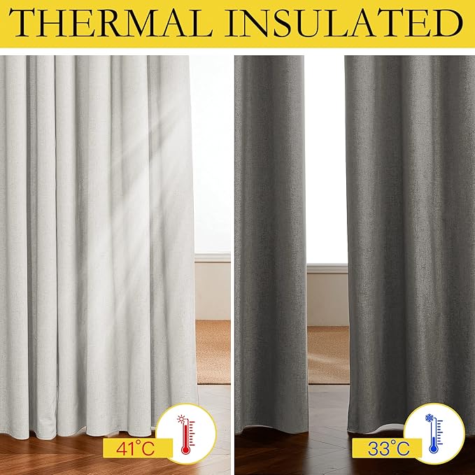 NICETOWN Extra Long Linen 100% Blackout Curtains 102 inches Length 2 Panels Set with Thermal Insulated Liners, Ivory, 62" Width, Farmhouse Style Window Draperies for Patio Sliding Glass Door