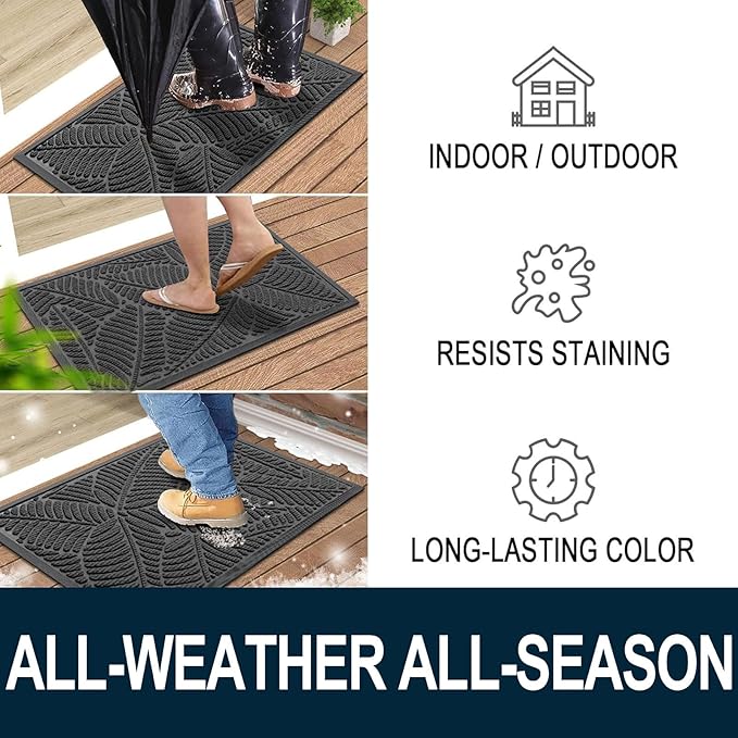 Colorxy Waterproof Doormat, Sturdy Natural Rubber Front Indoor Mat, Non Slip Low Profile Indoor Outdoor Door Mats, Stain and Fade Resistant Floor Mat, Easy Clean Patio Entry Mat, 47''x17'', Light Grey