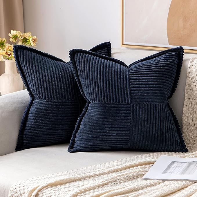 MIULEE Decorative Throw Pillow Covers for Couch Bed Livingroom 18x18 Inch Set of 2 Navy Blue Boho Accent Throw Pllows Broadside Striped Patchwork Soft Corduroy Summer Coastal Pillowcases