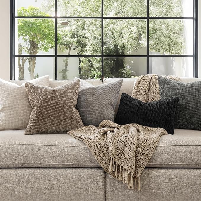 MIULEE Pack of 2 Couch Throw Pillow Covers 16x16 Inch Black Modern Boho Accent Decorative Pillow Covers Soft Chenille Farmhouse Cushion Covers for Home Decor Bed Sofa Living Room