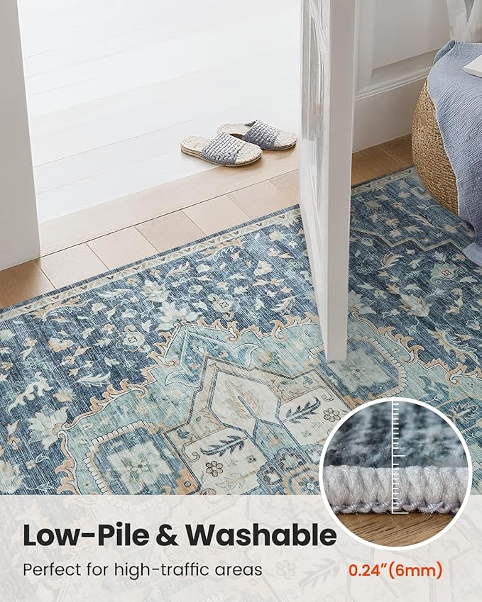 AMADA HOMEFURNISHING 2x5 Washable Runner Rug, Low-Profile Kitchen Rugs with Non-Slip Backing & Durable Edge Binding, Vintage Entryway Runner Rug for Bedroom & Hallway