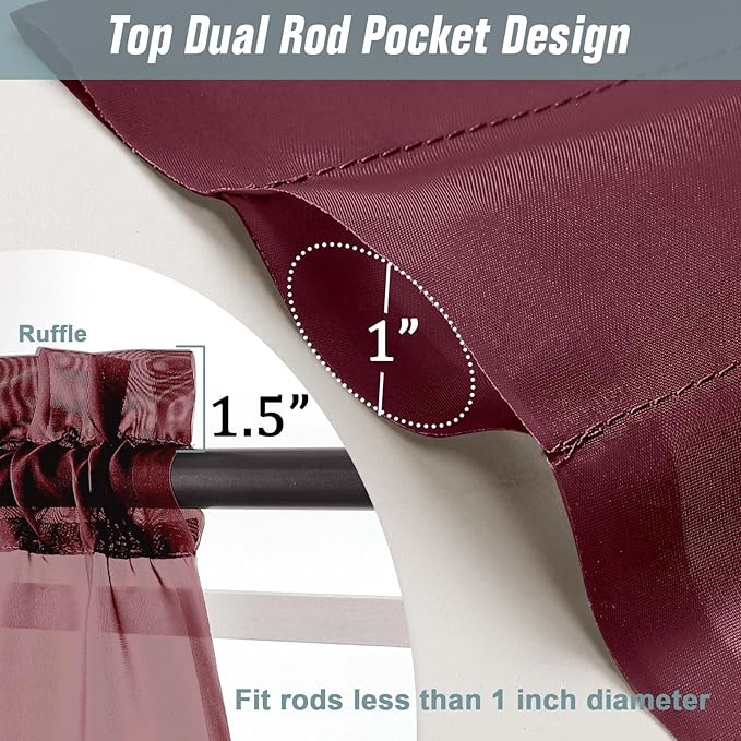 Burgundy Sheer Curtains Tier 30 Inches Length 2 Panels Set, Light Filtering Lightweight Soft Window Treatments Drapes, Cute Elegant Cafe Curtains for Nursery, Dual Rod Pocket, 2x42Wx30L Inches