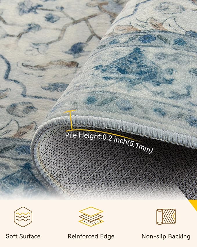 Area Rugs 4'x6' Washable Non-Slip, Floral Vintage Distress Print Pattern Medallion Carpet for Living Room Bedroom Dining Room, Light Blue Navy Beige Gray White